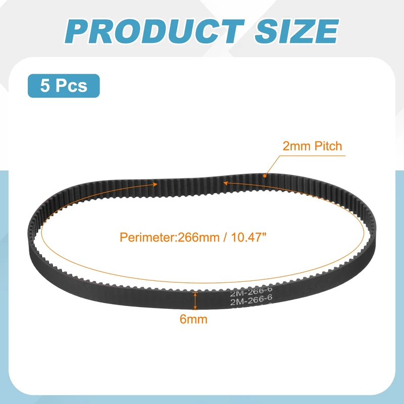 266mm GT-2 Timing Belt, 5pcs 6mm Width 2mm Pitch 3D Printing Closed Loop, Black