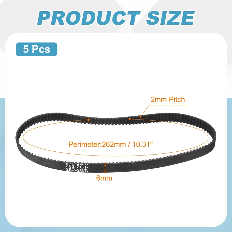 262mm GT-2 Timing Belt, 5pcs 6mm Width 2mm Pitch 3D Printing Closed Loop, Black
