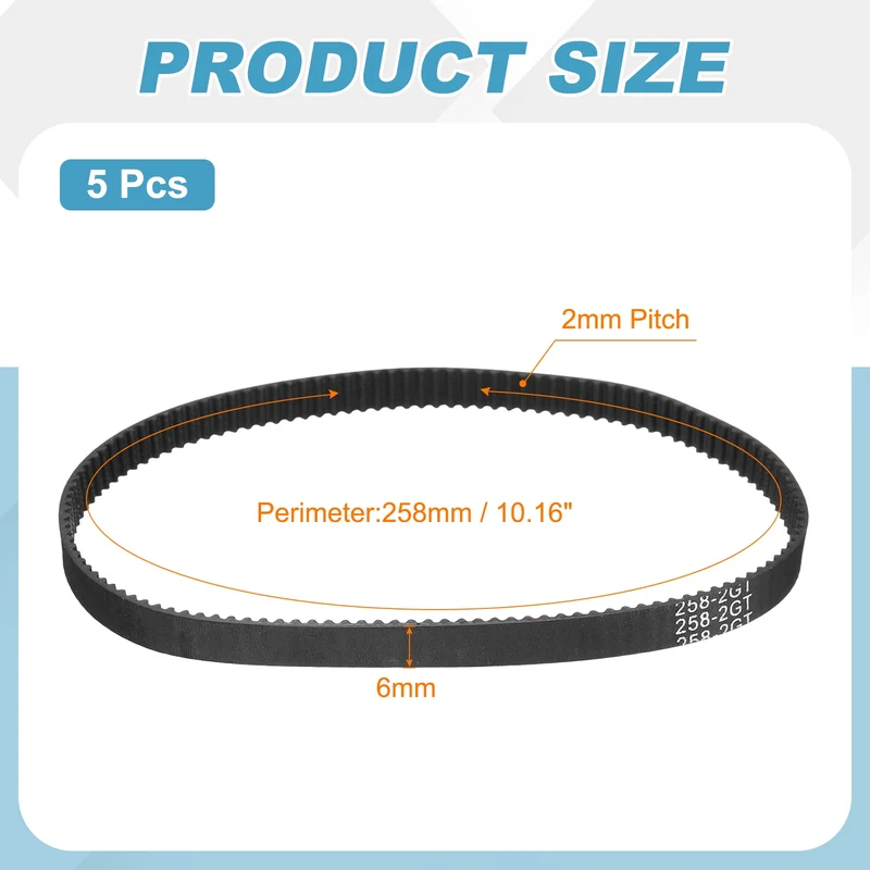 258mm GT-2 Timing Belt, 5pcs 6mm Width 2mm Pitch 3D Printing Closed Loop, Black