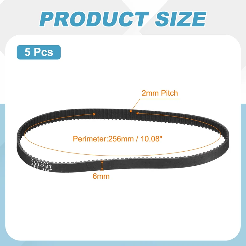 256mm GT-2 Timing Belt, 5pcs 6mm Width 2mm Pitch 3D Printing Closed Loop, Black