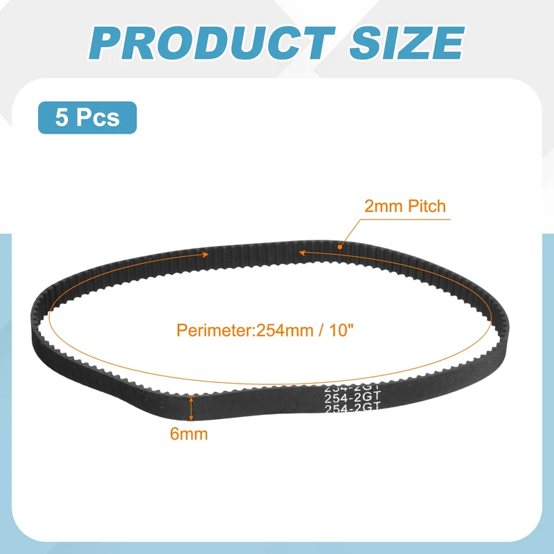 254mm GT-2 Timing Belt, 5pcs 6mm Width 2mm Pitch 3D Printing Closed Loop, Black