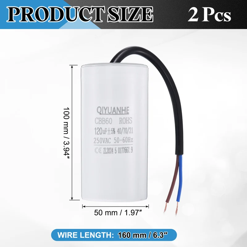 2Pcs CBB60 120uf Running Capacitor 250VAC 50/60Hz 100x50mm