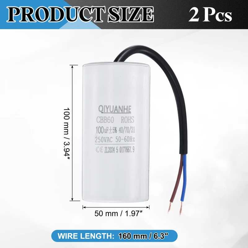 2Pcs CBB60 100uf Running Capacitor 250VAC 50/60Hz 100x50mm