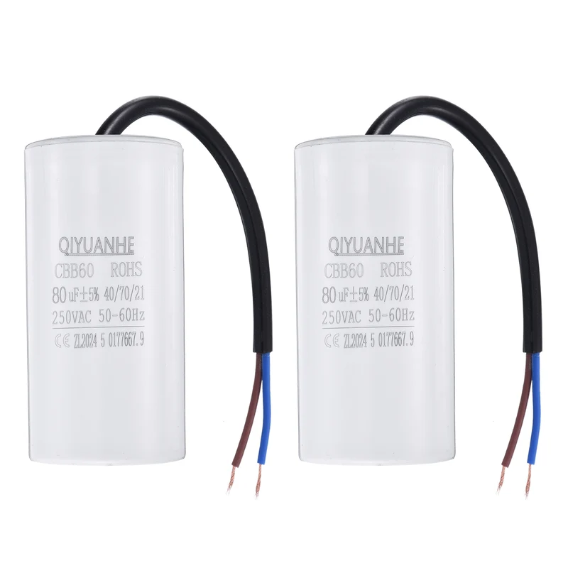 2Pcs CBB60 80uf Running Capacitor 250VAC 50/60Hz 100x50mm