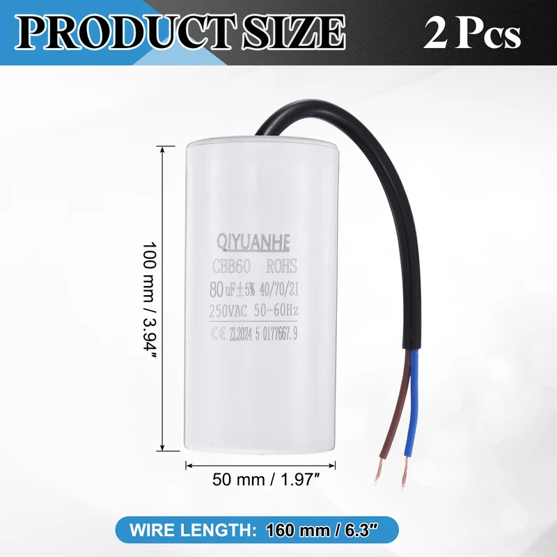 2Pcs CBB60 80uf Running Capacitor 250VAC 50/60Hz 100x50mm