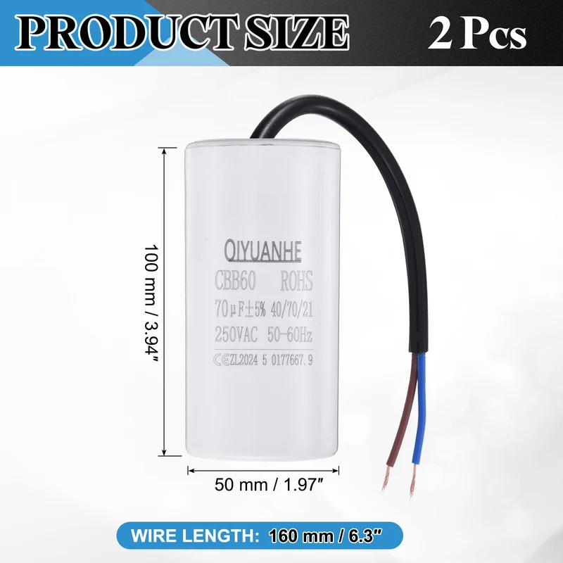 2Pcs CBB60 70uf Running Capacitor 250VAC 50/60Hz 100x50mm