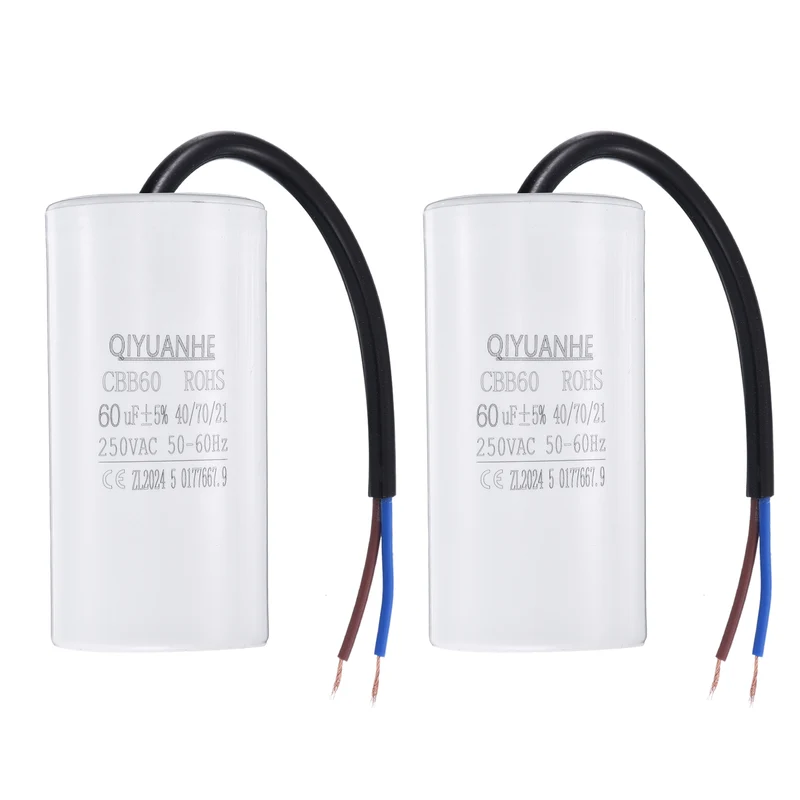 2Pcs CBB60 60uf Running Capacitor 250VAC 50/60Hz 100x50mm