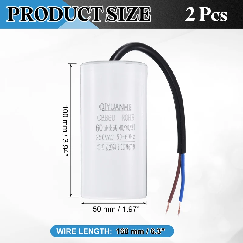 2Pcs CBB60 60uf Running Capacitor 250VAC 50/60Hz 100x50mm