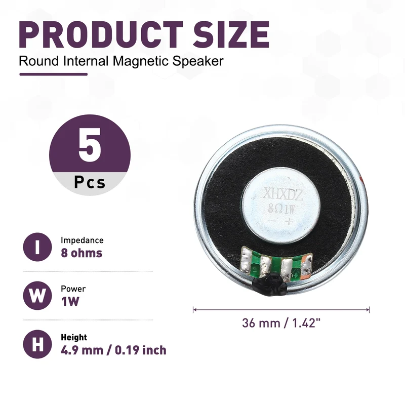 5Pcs 8 Ohm 1W 36mm Dia Round Micro Speaker Iron Shell Black