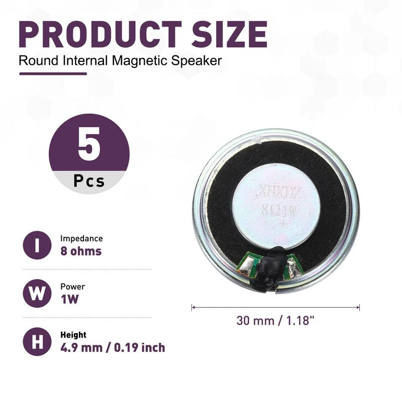 5Pcs 8 Ohm 1W 30mm Dia Round Micro Speaker Iron Shell Black