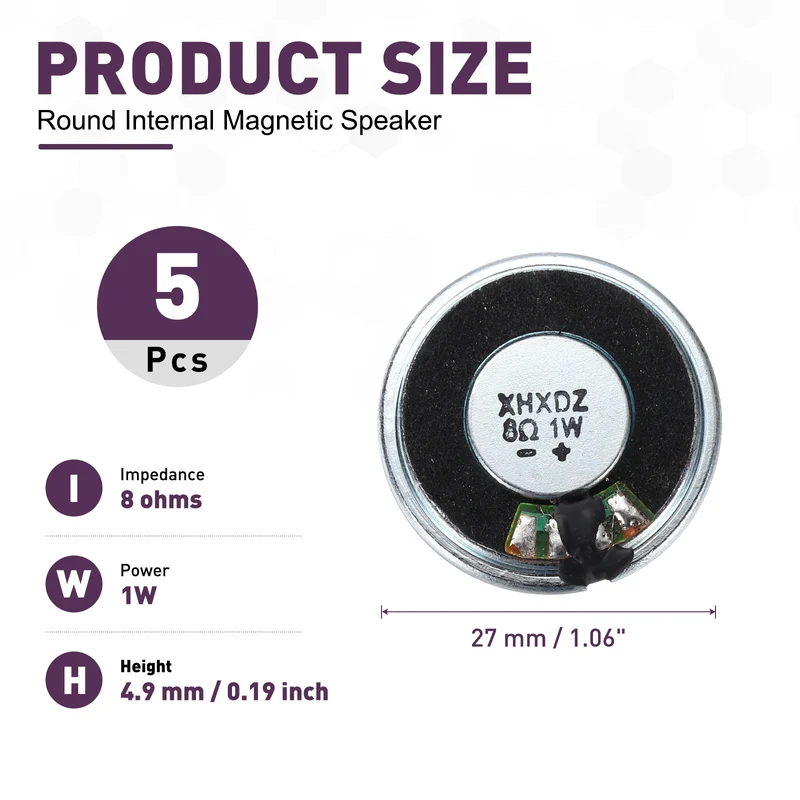 5Pcs 8 Ohm 1W 27mm Dia Round Micro Speaker Iron Shell Black