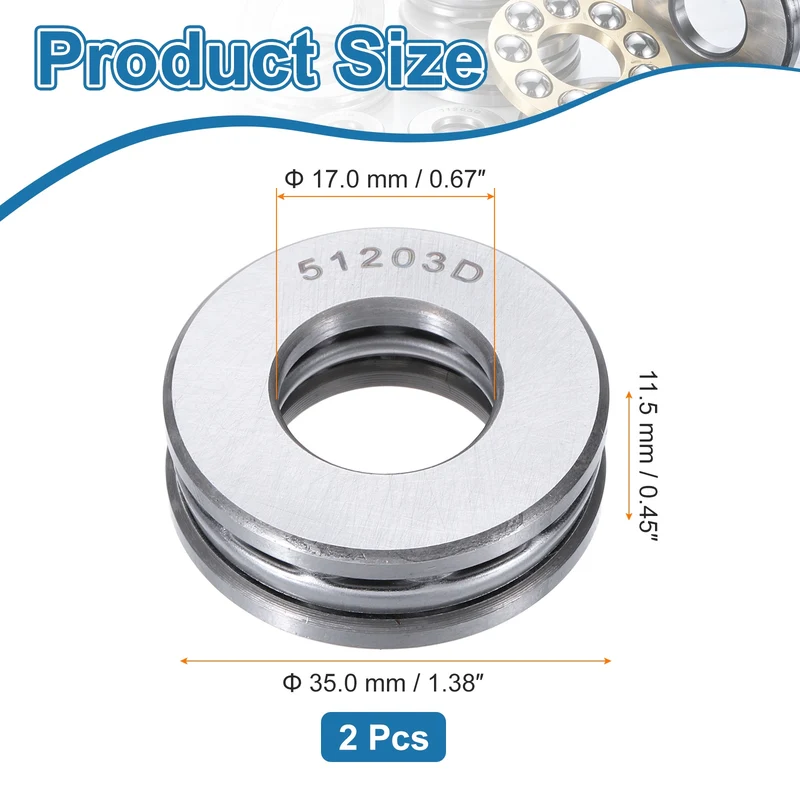 51203D Thrust Ball Bearing, Axial Ball Bearing 16.5x35x11.5mm 2Pcs
