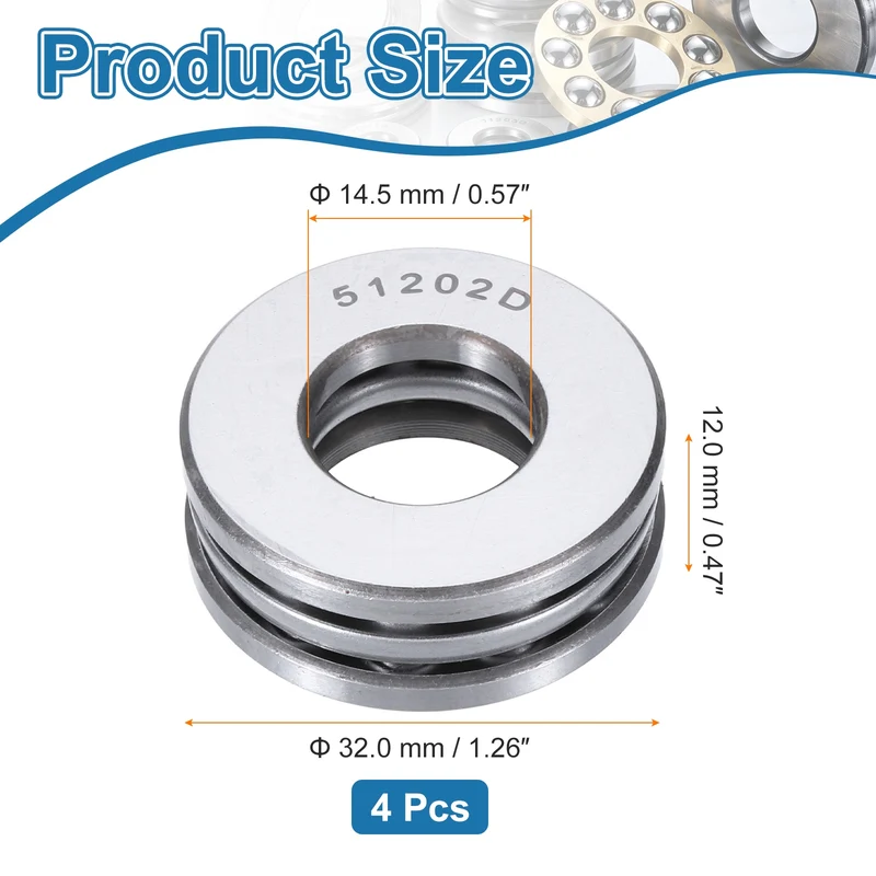 51202D Thrust Ball Bearing, Axial Ball Bearing 14.5x32x12mm 4Pcs