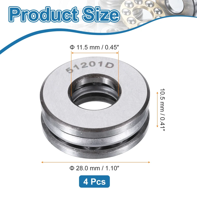 51201D Thrust Ball Bearing, Axial Ball Bearing 11.5x28x10.5mm 4Pcs