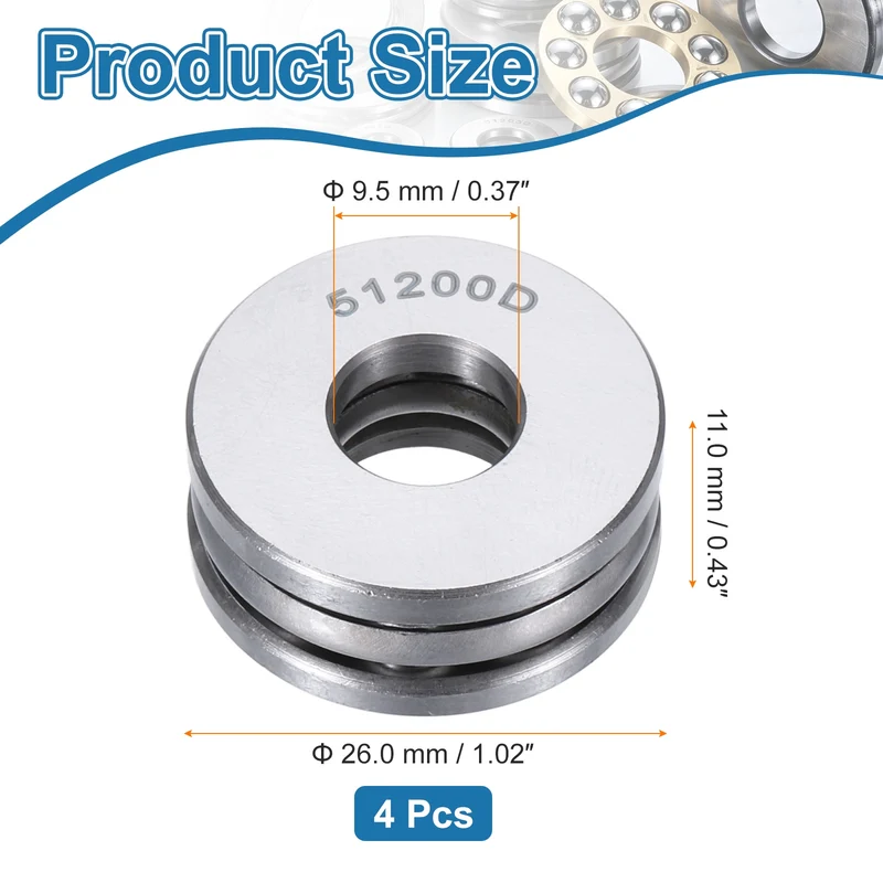51200D Thrust Ball Bearing, Axial Ball Bearing 9.5x26x11mm 4Pcs