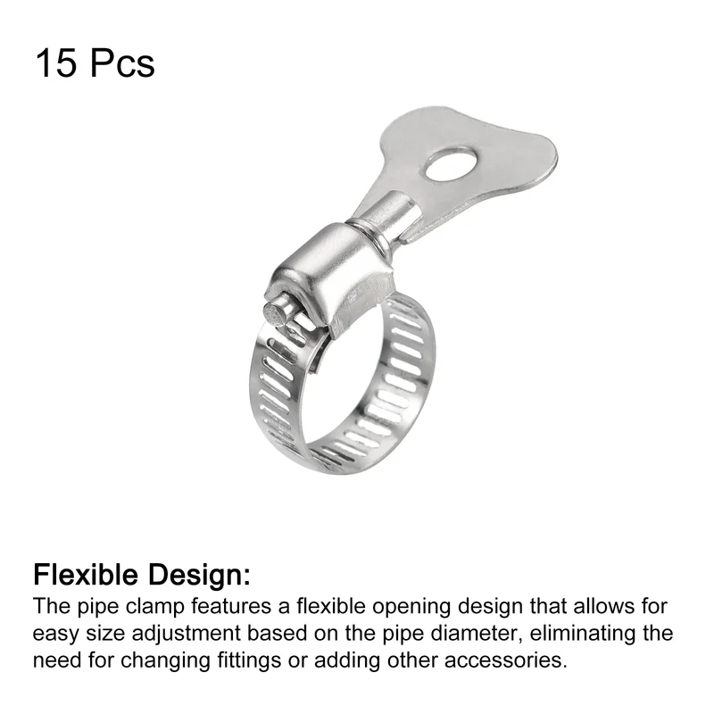 Worm Gear Hose Clamp 15pcs 1/2"-3/4" Key Type Adjustable Stainless Steel Clamp