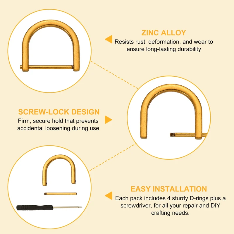 4Pcs 1-1/4 Inch D-Rings Screw in Shackle Horseshoe U Shape D Rings, Dark Gold