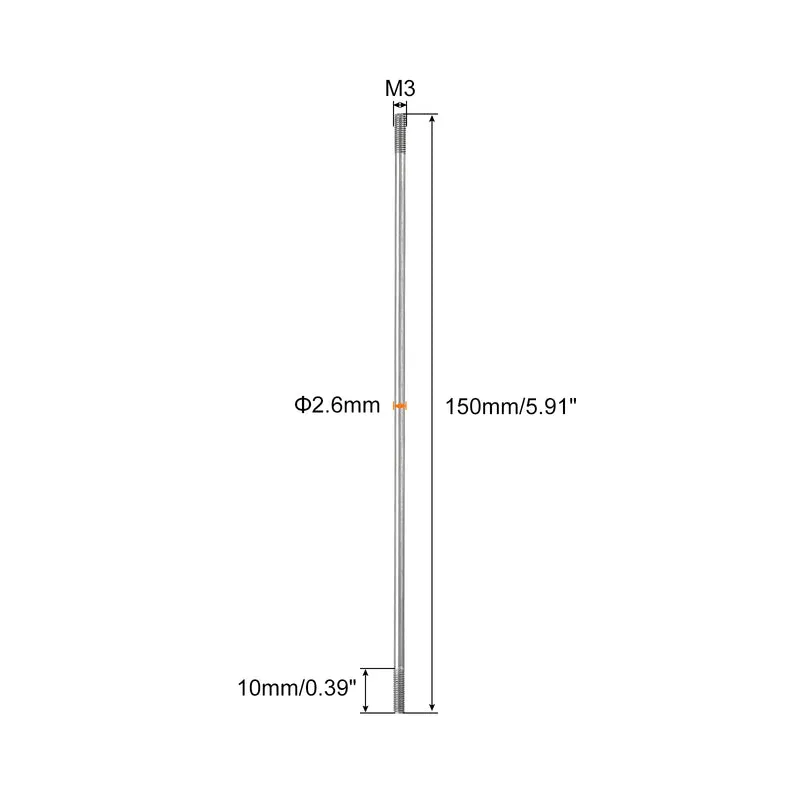 304 Stainless Steel Push Rod Double End Threaded Rod M3x150mm, Pack of 2