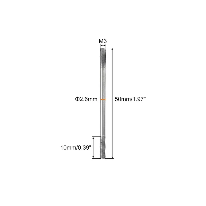 304 Stainless Steel Push Rod Double End Threaded Rod M3x50mm, Pack of 2
