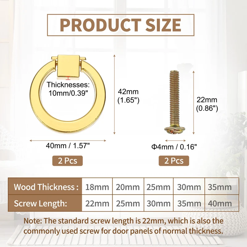 2Pack 1.57" Zinc Alloy Drawer Ring Pull Handles for Cupboard, Gold