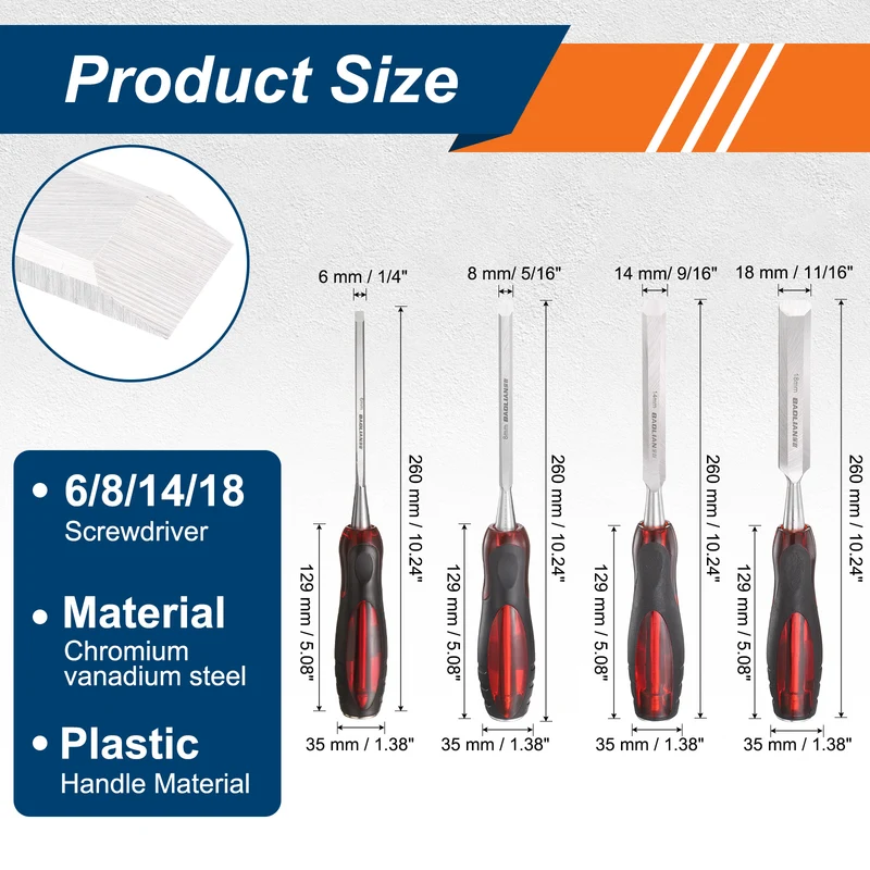 4pcs Wood Chisel Set 1/4"-11/16" CR-V Steel Beveled Edge Blade with TPR Handle