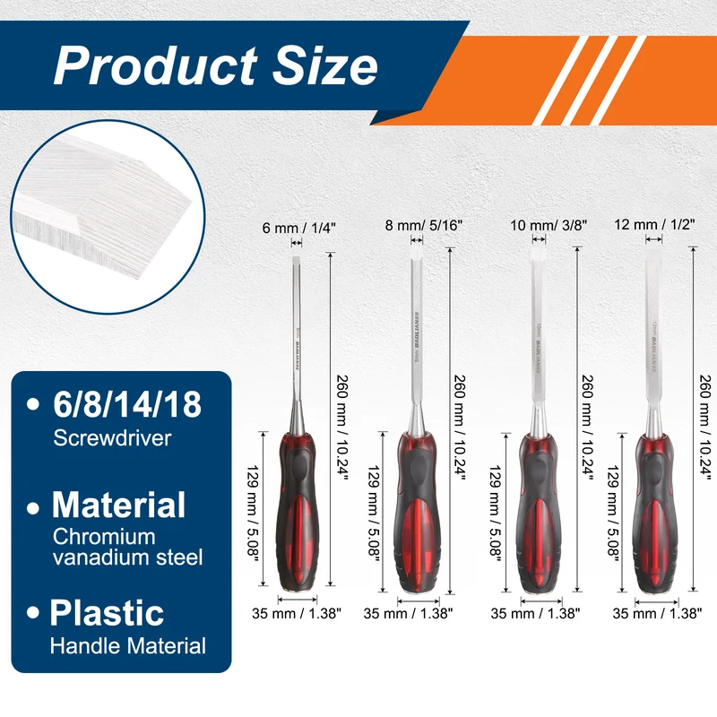 4pcs Wood Chisel Set 1/4"-1/2" CR-V Steel Beveled Edge Blade with TPR Handle