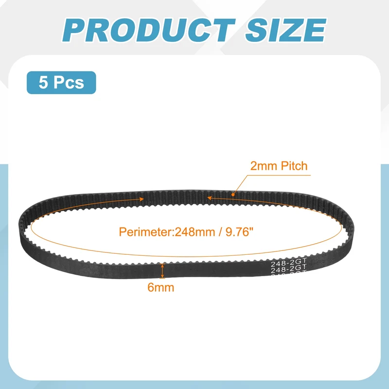 248mm GT-2 Timing Belt, 5pcs 6mm Width 2mm Pitch 3D Printing Closed Loop, Black