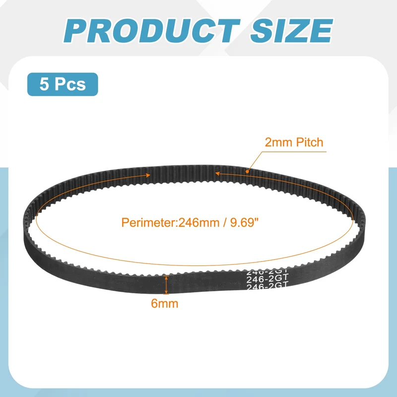 246mm GT-2 Timing Belt, 5pcs 6mm Width 2mm Pitch 3D Printing Closed Loop, Black