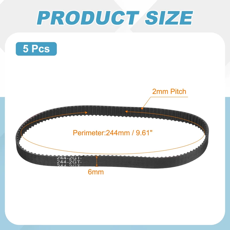 244mm GT-2 Timing Belt, 5pcs 6mm Width 2mm Pitch 3D Printing Closed Loop, Black