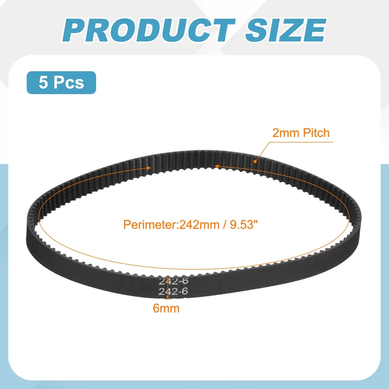 242mm GT-2 Timing Belt, 5pcs 6mm Width 2mm Pitch 3D Printing Closed Loop, Black