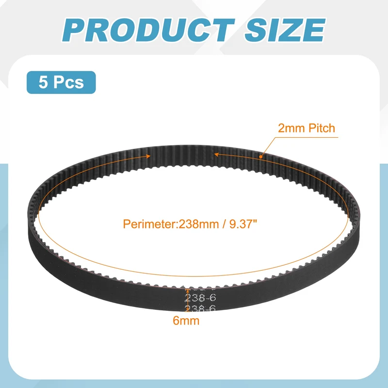 238mm GT-2 Timing Belt, 5pcs 6mm Width 2mm Pitch 3D Printing Closed Loop, Black