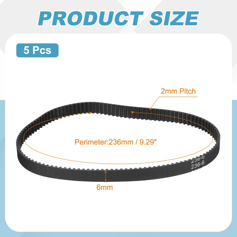 236mm GT-2 Timing Belt, 5pcs 6mm Width 2mm Pitch 3D Printing Closed Loop, Black