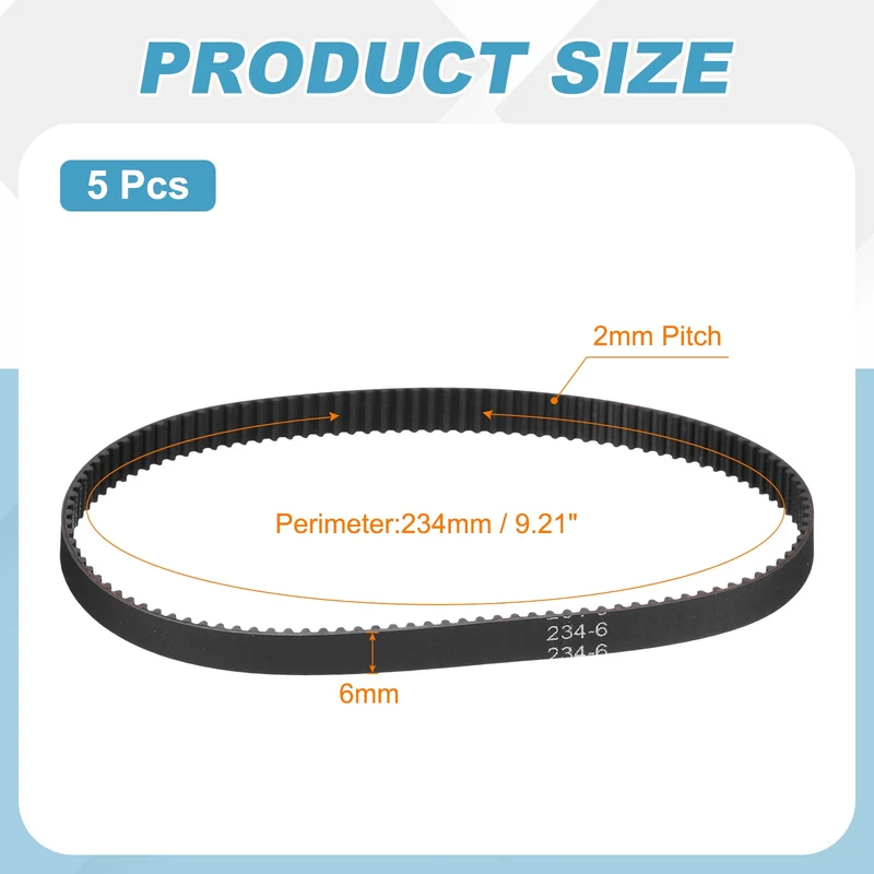 234mm GT-2 Timing Belt, 5pcs 6mm Width 2mm Pitch 3D Printing Closed Loop, Black