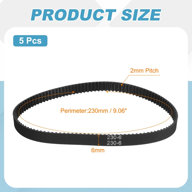 230mm GT-2 Timing Belt, 5pcs 6mm Width 2mm Pitch 3D Printing Closed Loop, Black
