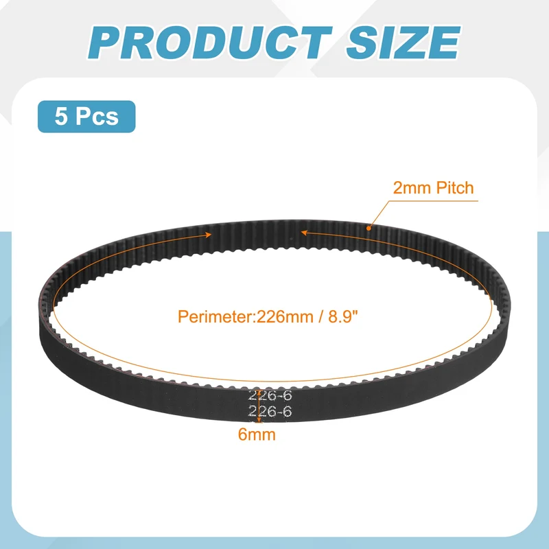 226mm GT-2 Timing Belt, 5pcs 6mm Width 2mm Pitch 3D Printing Closed Loop, Black