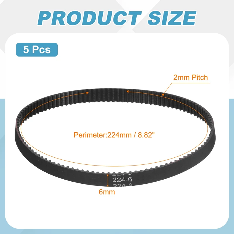 224mm GT-2 Timing Belt, 5pcs 6mm Width 2mm Pitch 3D Printing Closed Loop, Black