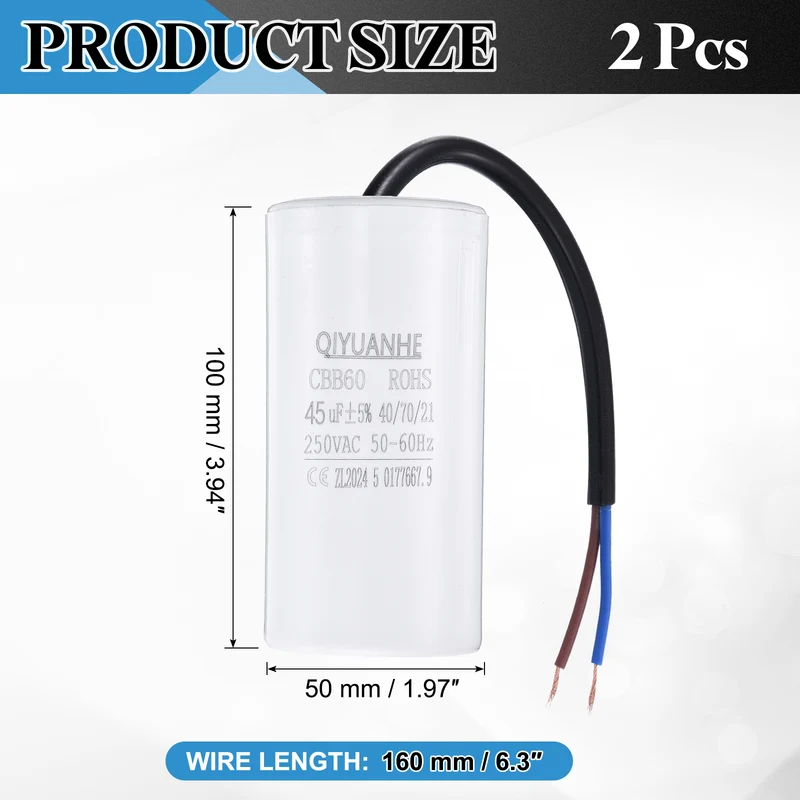 2Pcs CBB60 45uf Running Capacitor 250VAC 50/60Hz 100x50mm