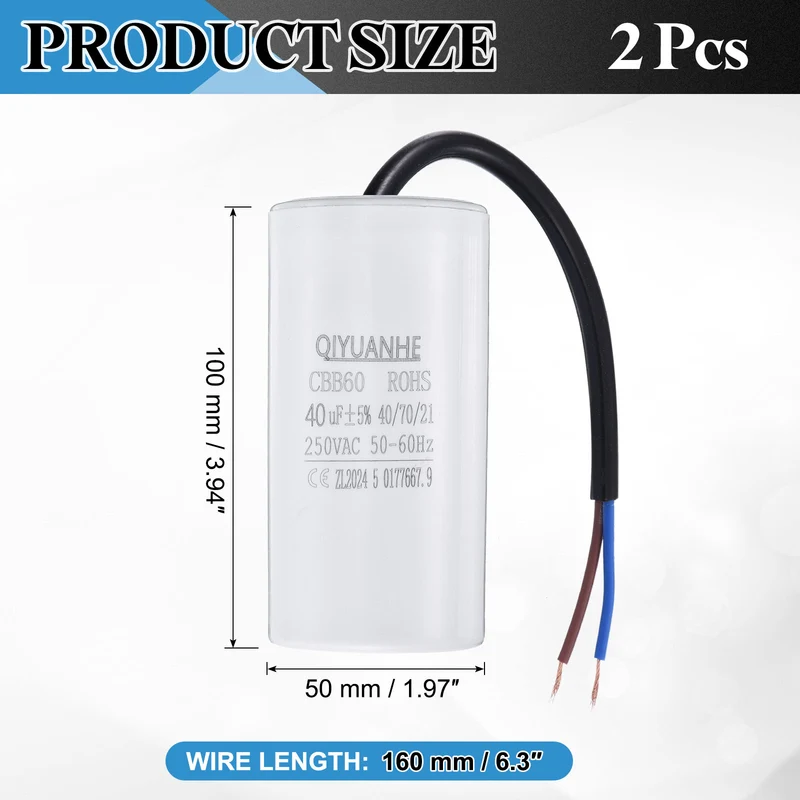 2Pcs CBB60 40uf Running Capacitor 250VAC 50/60Hz 100x50mm