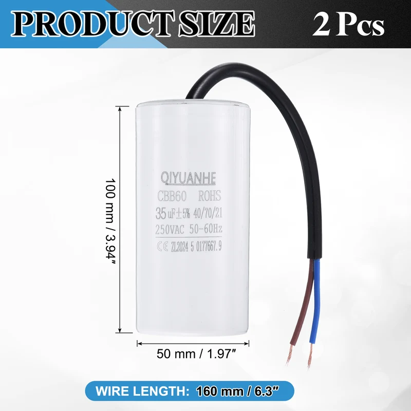 2Pcs CBB60 35uf Running Capacitor 250VAC 50/60Hz 100x50mm