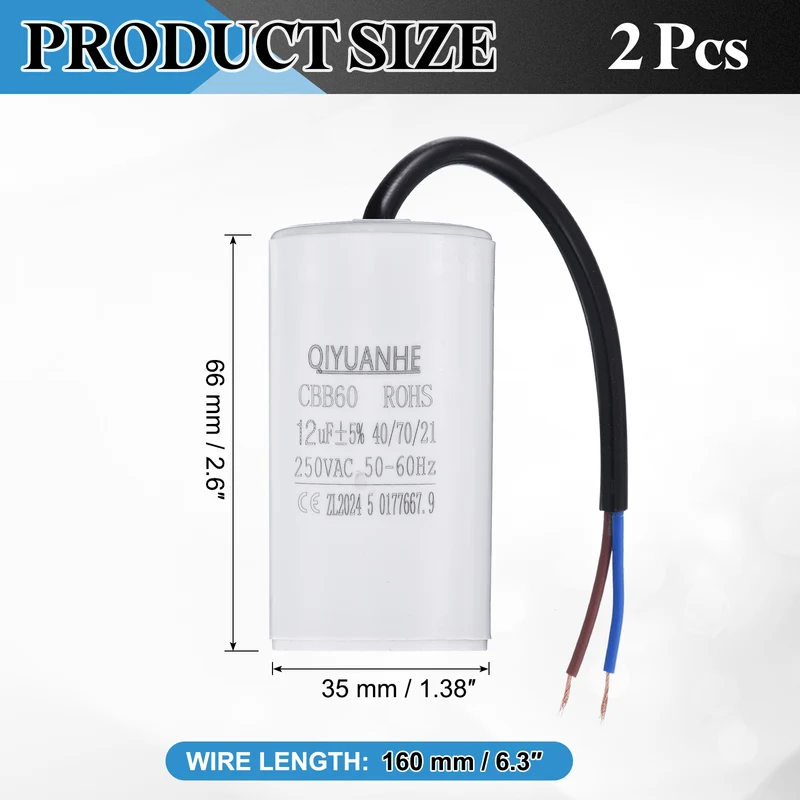 2Pcs CBB60 12uf Running Capacitor 250VAC 50/60Hz 66x35mm