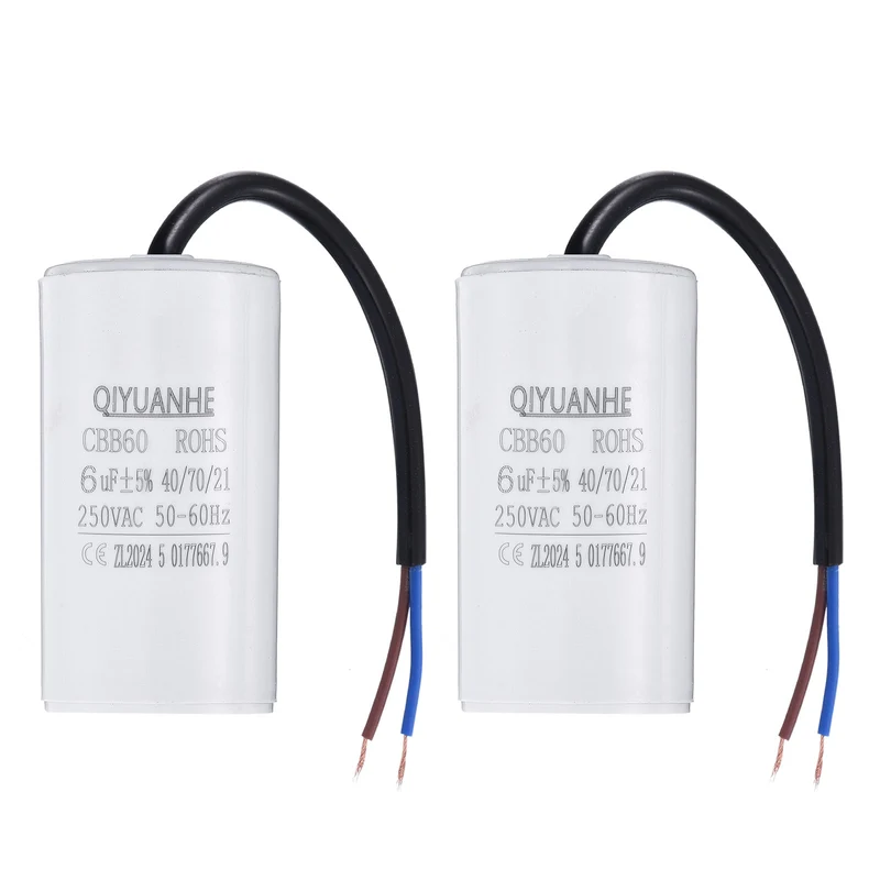 2Pcs CBB60 6uf Running Capacitor 250VAC 50/60Hz 66x35mm