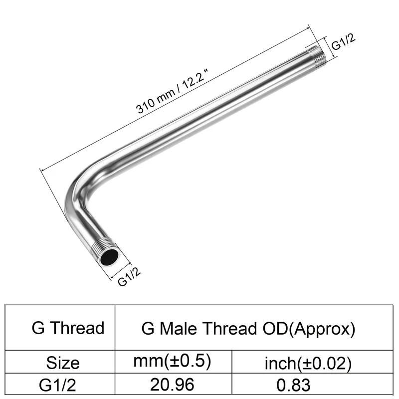 G1/2 Male Thread Shower Arm, 1 Pack 12.2" Length Stainless Steel Wall-Mounted Extension Pipe Connector for Fixed Shower Head, Silver