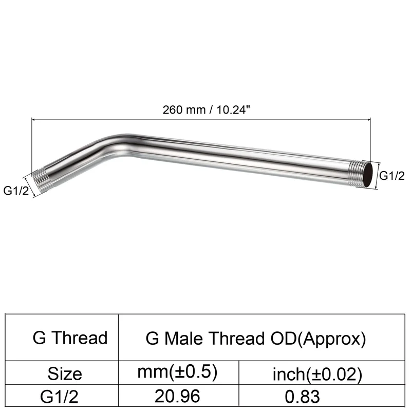 G1/2 Male Thread Shower Arm, 1 Pack 10.24" Length Stainless Steel Wall-Mounted Extension Pipe Connector for Fixed Shower Head, Silver