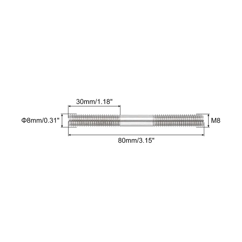 304 Stainless Steel Push Rod Double End Threaded Rod M8x80mm, Pack of 12