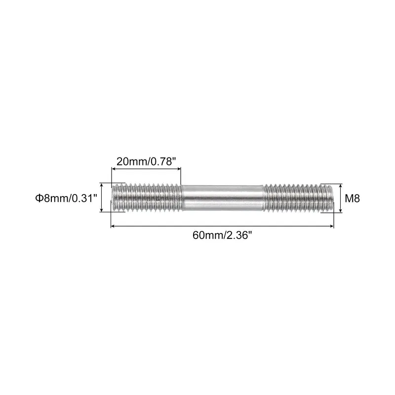 304 Stainless Steel Push Rod Double End Threaded Rod M8x60mm, Pack of 2