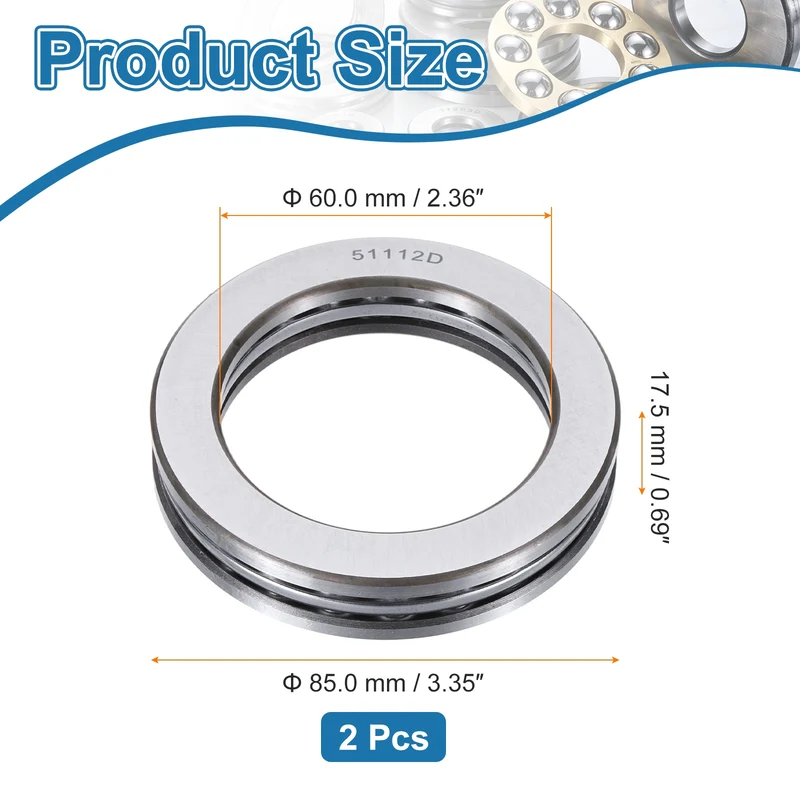 51112D Thrust Ball Bearing, Axial Ball Bearing 60x85x17.5mm 2Pcs