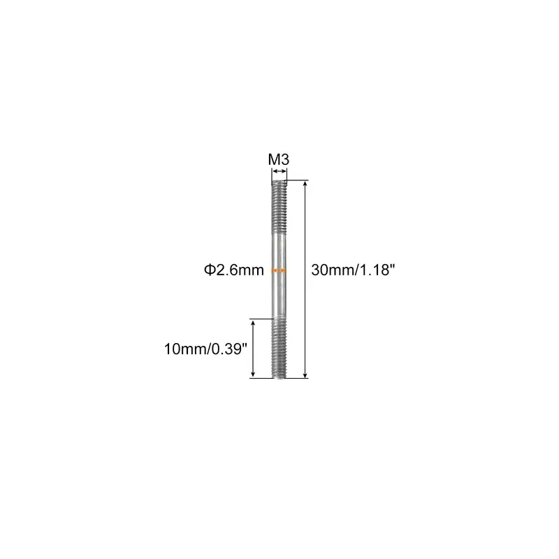 304 Stainless Steel Push Rod Double End Threaded Rod M3x30mm, Pack of 2