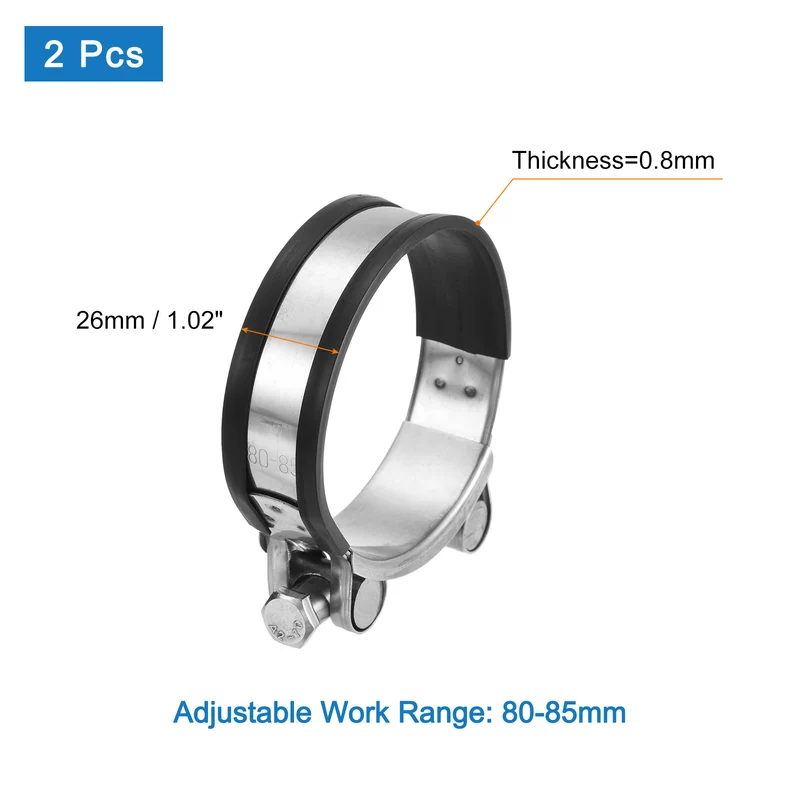 T-Bolt Hose Clamp, 80-85mm Adjustable Stainless Steel Pipe Clamps, 2Pcs