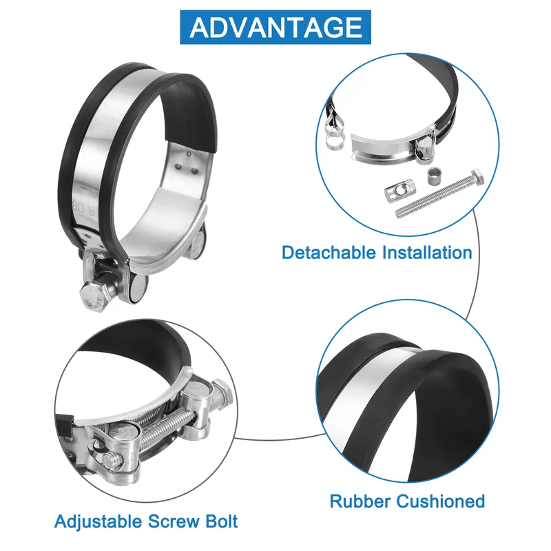 T-Bolt Hose Clamp, 80-85mm Adjustable Stainless Steel Pipe Clamps, 2Pcs