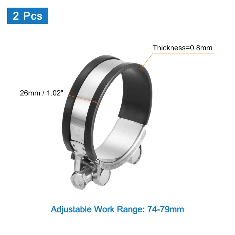T-Bolt Hose Clamp, 74-79mm Adjustable Stainless Steel Pipe Clamps, 2Pcs